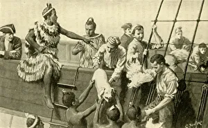 Captain Cook Presenting Pigs and Fowls to the Maoris, (1902). Creator: C. Howard