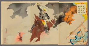 Oban Triptych Prints: Captain Matsuzaki Bravely Fights at the Great Battle of Songhwan (Seikan no Gekissen)