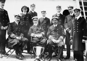 Shipwrecked Prints: Captain Rostron & under officers of Carpathia [ship], 1912. Creator: Bain News Service