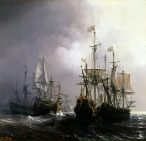 Capture of three Dutch Commercial Vessels by the French Ships Fidele, Mutine and Jupiter, in 1711. Artist: Gudin, Theodore (1802-1880) Capture of three Dutch Commercial Vessels by the French Ships Fidele, Mutine and Jupiter, in 1711. Artist: Gudin, Theodore (1802-1880)