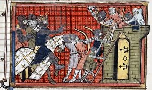 Medieval Illuminated Letter Gallery: The capture of a town by Godfrey of Bouillon. Creator: Anonymous
