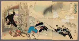 Capturing Collection: Capturing the Fortress at Niuzhuang (Gyusojo senryo), 1895. Creator: Chikanobu Yoshu