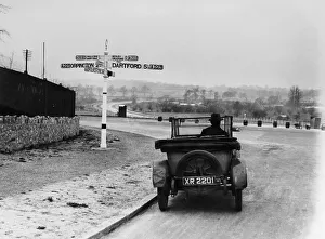 Road Sign Prints: Car near a road sign, Bromley, Kent, 1920s