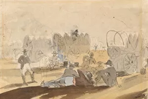 Caravan Gallery: Caravan with Covered Wagons Resting [recto], 1861. Creator: Winslow Homer