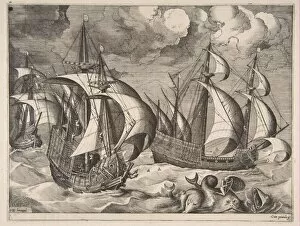 Breugel Pieter Gallery: Three Caravels in a Rising Squall with Arion on a Dolphin from The Sailing Vessels