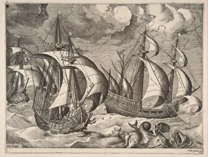 Breugel Pieter Gallery: Three Caravels in a Rising Squall with Arion on a Dolphin from The Sailing Vessels