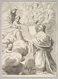 Armand Jean Duplessis Prints: Cardinal Richelieu, Kneeling, Presents His Book to the Virgin and Child, ca. 1646