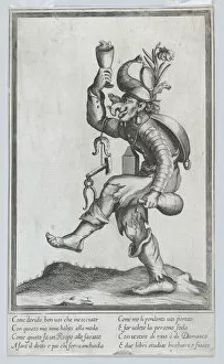 Mr Punch Gallery: A caricature figure (a carpenter?) with a toad on his nose, carrying various implem... ca