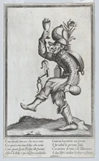 Mr Punch Gallery: A caricature figure (a carpenter?) with a toad on his nose, carrying various implem... ca