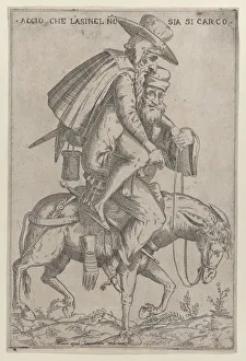 Mule Prints: Caricature with two men on a mule, 1575-99. Creator: Giovanni Ambrogio Brambilla