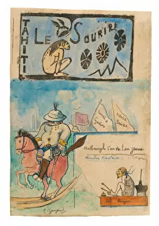 French Text Gallery: Caricatures of Gauguin and Governor Gallet, with headpiece from Le sourire, 1900