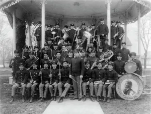 Carlisle Indian School, Carlisle, Pa. Band posed at the bandstand, 1901. Creator: Frances Benjamin Johnston