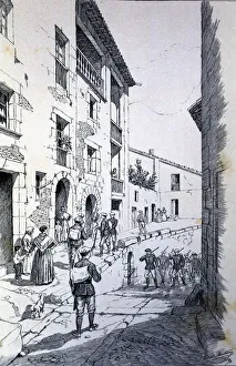 Luis Prints: Third Carlist War (1872 - 1876), accommodation of Carlist troops in a village of Catalonia