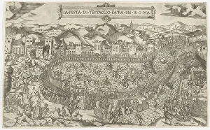 Games Prints: Carnival games held on the Mount Testaccio in Rome, 1558. Creator: Monogrammist ITF
