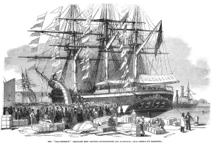 Docks Prints: Caroline Chisholm addressing a crowd from the emigrant ship Ballengeich, 1852