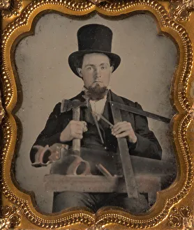 Carpenter in Top Hat with Hatchet, Compass, Square, and Hand Saw, 1850s-60s