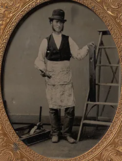 Builder Prints: Carpenter with Ladder, Hammer, Level, and Toolbox, 1860s-70s. Creator: Unknown