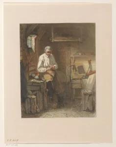 Carpentry Prints: Carpenter sitting on a planer in his workshop, 1861. Creator: Jacob Taanman