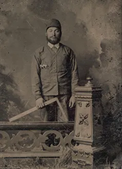 Carpentry Gallery: Carpenter, Standing Behind a Decorative Balustrade, Holding a Square, 1870s