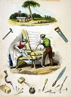 Carpenters at work, surrounded by various tools, c1845