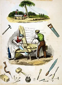 Carpentry Prints: Carpenters at work, surrounded by various tools, c1845