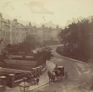 Cabbie Gallery: Carriage on Street in Residential Neighborhood, London, 1860s. Creator: Unknown