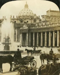 Fountain Prints: Carriages by the fountain in St Peters Square, Rome, Italy, c1909. Creator: George Rose