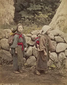 Stone Wall Prints: Carrying Children, about 1875-1890s. Creator: Adolfo Farsari