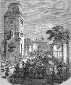 Bucharest Romania Prints: Carrying the Wounded Russians to St George's, Bucharest, 1854. Creator: Unknown