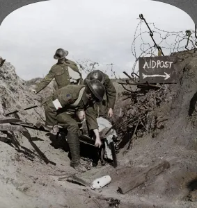 Stretcher Case Collection: Carrying a wounded soldier to a first aid post, Passchendaele, Belgium, World War I, 1914-1918