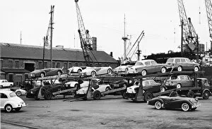 Cars for export at Cardiff docks 1958. Creator: Unknown