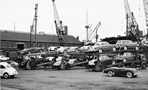 Docks Prints: Cars for export at Cardiff docks 1958. Creator: Unknown