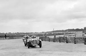 Cars racing through the chicane, JCC Members Day, Brooklands, 8 July 1939. Artist: Bill Brunell