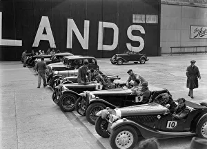 Cars on the start line at the MCC Members Meeting, Brooklands, 10 September 1938