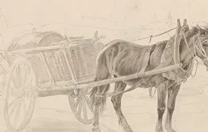 Cartwheel Gallery: A Cart Drawn by a Brown Horse Near a Lamp Pole; Verso: A Group of Mounted Officers, ca
