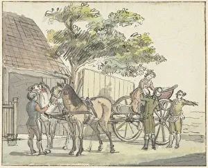 Horse And Trap Prints: Cart with two horses at De Donkere Kuil tavern near Haarlem