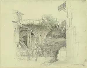 Courtyard Prints: A cart stops at the city wall; above