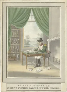 Bonaparte Napoleon Prints: Cartoon of Napoleon: Klaas Bonaparte in his study on the island of Elba
