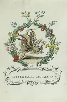 Cartouche Prints: Cartoon of Pieter Jansz. Schaegen, 1710-1720. Creator: Anon