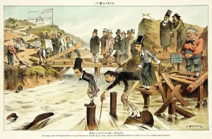 Wooden Bridge Prints: Cartoon from Puck, between 1880 and 1889. Creators: Joseph Keppler, Bernhard Gillam