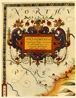 Latin Prints: Cartouche by A. Ryther on Saxtons Map of Durham, 1576, (1944). Creator: Augustine Ryther