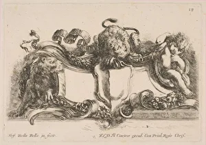 Cartouche Containing an Empty Shield Surmounted by a Lion and Framed by a Lion