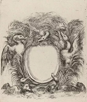 Images Dated 24th June 2021: Cartouche with Ducks and Dogs, 1647. Creator: Stefano della Bella