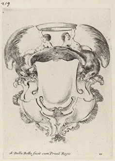Eagles Prints: Cartouche with Eagles and Two Infants Holding a Crown, 1647. Creator: Stefano della Bella