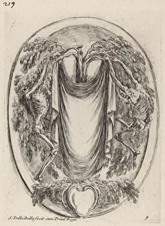 Cartouche in the Form of a Drape Suspended from a Cypress Flanked by Skeletons, 1647