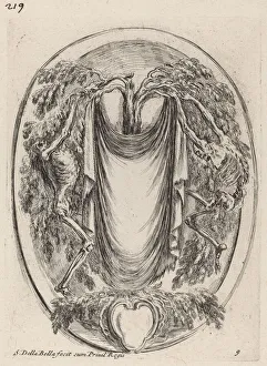 Skeletons Prints: Cartouche in the Form of a Drape Suspended from a Cypress Flanked by Skeletons, 1647