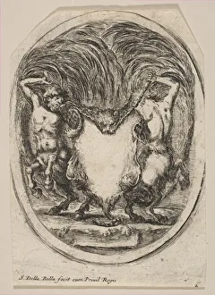 Centaurs Prints: Cartouche Formed by a Tiger Skin Flanked by Two Centaurs, 1647