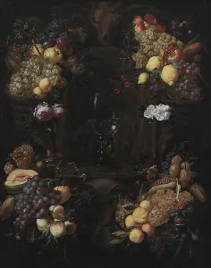 Black Grape Prints: Cartouche with Garlands of Fruit and a Wine Glass, 1651-1750. Creator: Alexander Coosemans