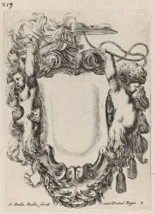 Cardinals Hat Prints: Cartouche with Infant Satyrs, 1647. Creator: Stefano della Bella
