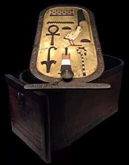 The Egyptian Museum Gallery: Cartouche shaped box from the Tutankhamun tomb, 14th cen. BC. Creator: Ancient Egypt